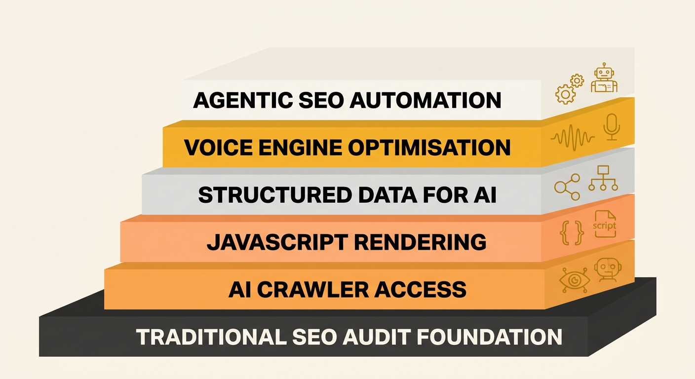 A layered diagram showing five new audit layers stacked on top of a traditional SEO audit foundation, each labelled with AI crawler access, JavaScript rendering, structured data for AI, voice engine o
