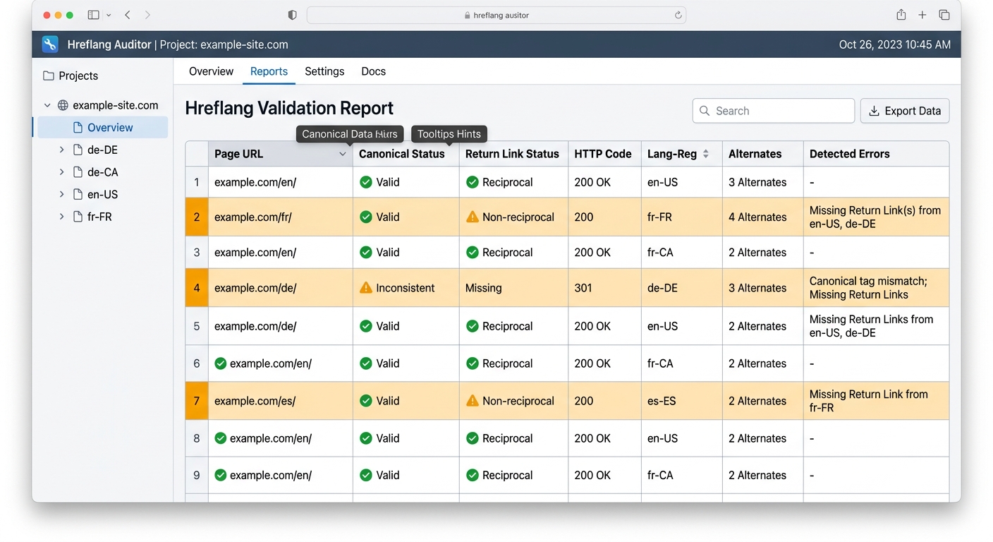 Screenshot-style illustration of a monitoring dashboard showing hreflang validation results with columns for page URL, canonical status, return link status, HTTP code, and language-region code, with s
