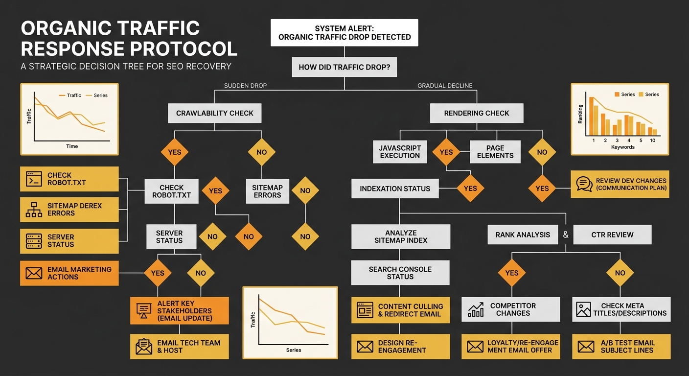 A flowchart decision tree for responding to an organic traffic drop, beginning with whether traffic dropped suddenly or gradually, then branching through crawl checks, rendering checks, indexation che