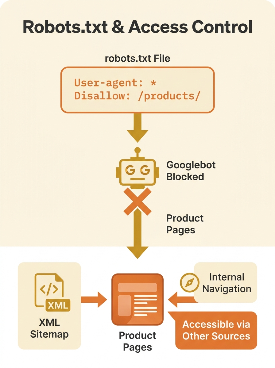 diagram showing a robots.txt file with a disallow rule for /products/ directory, with arrows showing Googlebot being blocked from accessing product pages while those same pages appear in the XML sitem