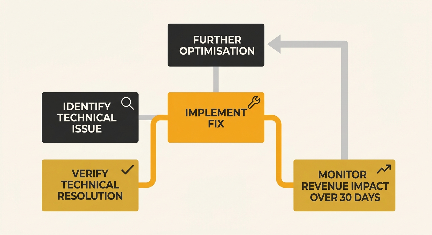 A flowchart showing a technical SEO fix workflow for affiliate sites — starting with 'Identify Technical Issue,' flowing to 'Implement Fix,' then branching to both 'Verify Technical Resolution' and 'M