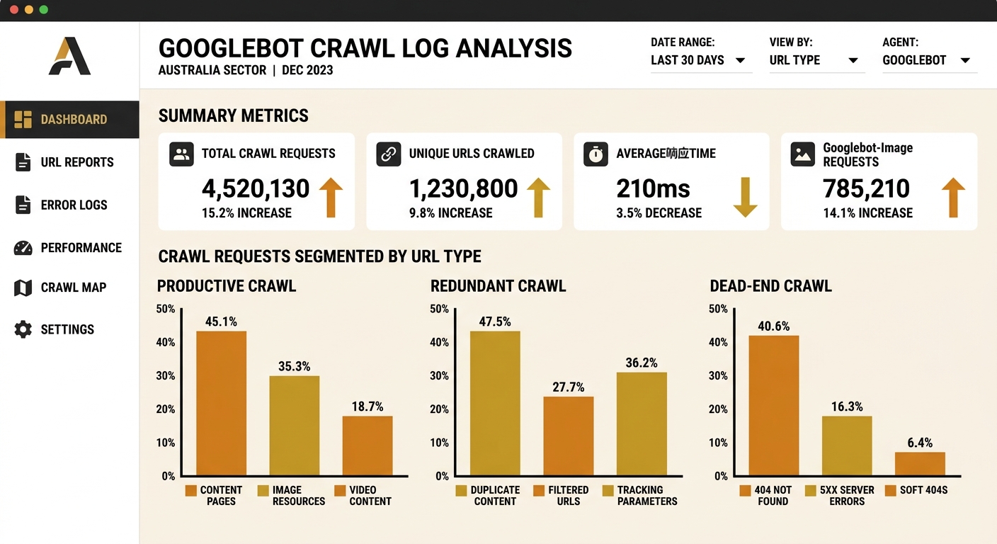 A screenshot-style illustration of a server log analysis dashboard showing Googlebot crawl requests segmented by URL type, with bar charts comparing productive vs redundant vs dead-end crawl percentag