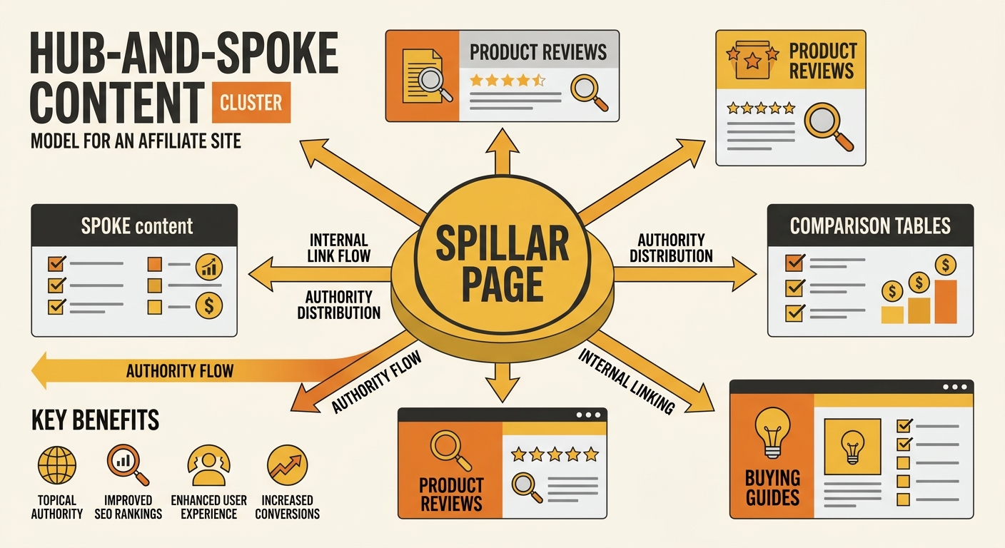 Infographic showing a hub-and-spoke content cluster model for an affiliate site with a central pillar page connected to product reviews, comparison tables, and buying guides, with arrows indicating in