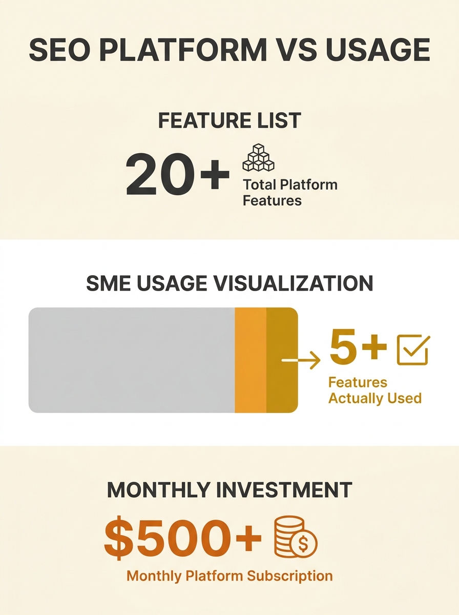 an infographic comparing an all-in-one SEO platform's feature list against a typical SME's actual usage, showing 70-80 percent of features greyed out as unused, with the monthly cost and actual featur