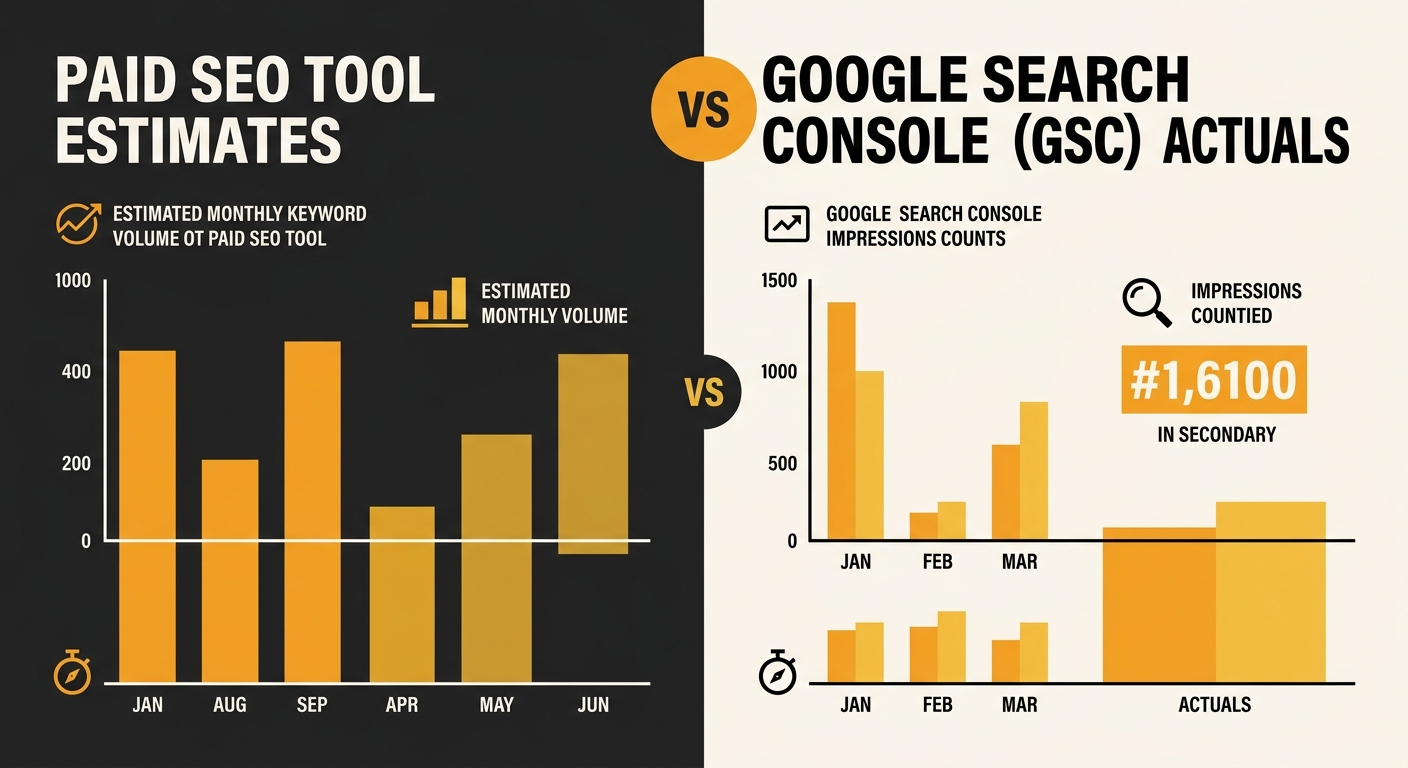 a side-by-side comparison showing a keyword's estimated monthly volume in a paid SEO tool versus its actual impression count from Google Search Console for a long-tail Australian local search term, wi