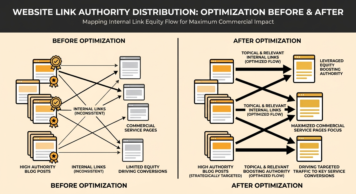 a flow diagram showing link authority distribution across a website, with arrows of varying thickness representing equity flowing from high-authority blog posts through internal links to commercial se