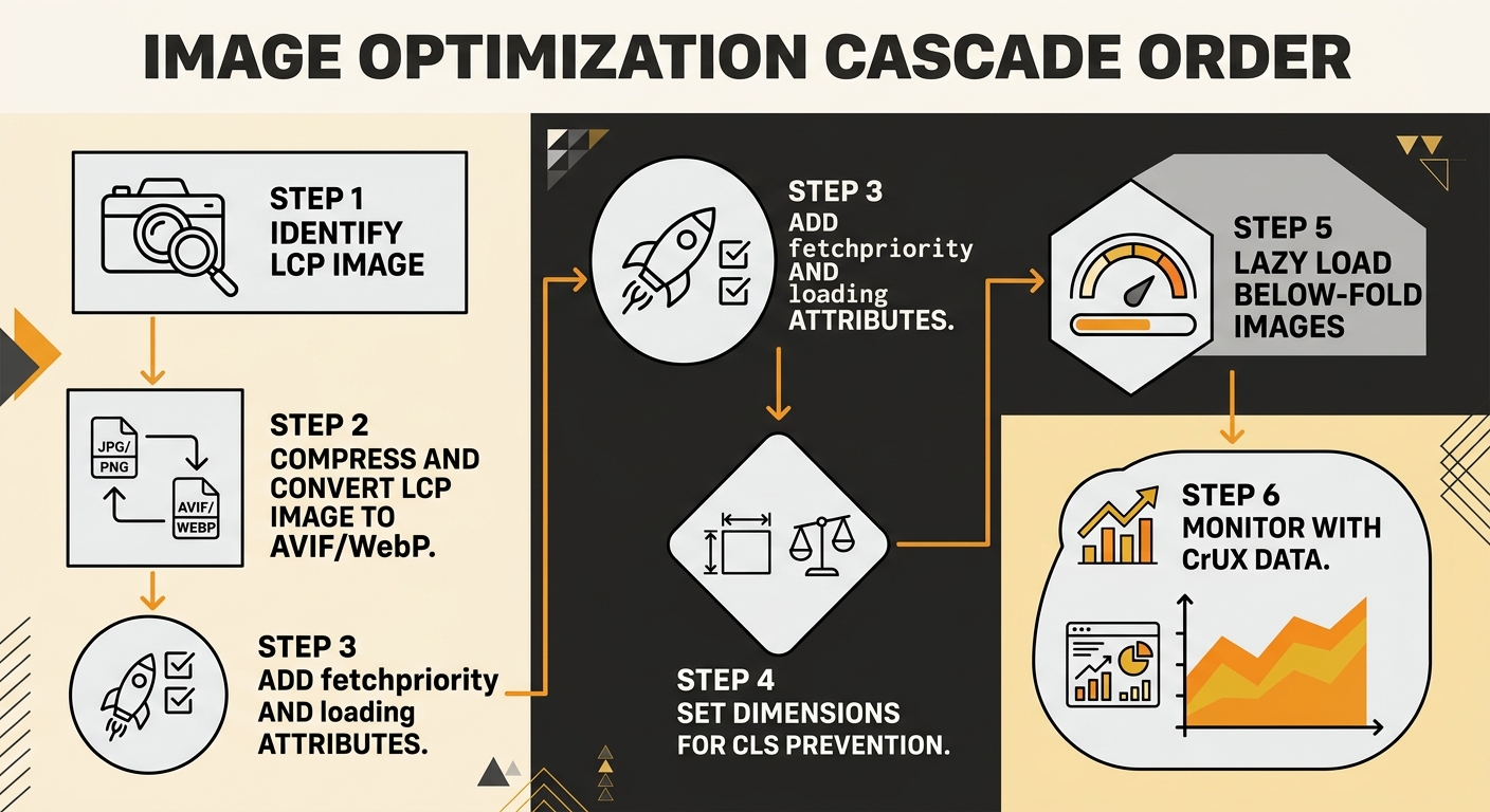 A flowchart showing the image optimization cascade order: Step 1 Identify LCP image, Step 2 Compress and convert LCP image to AVIF/WebP, Step 3 Add fetchpriority and loading attributes, Step 4 Set dim