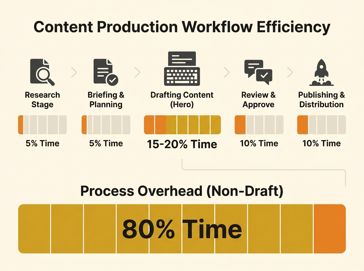 A horizontal workflow diagram showing five content production stages—research, brief, draft, review, publish—with time percentage bars at each stage, highlighting that the draft stage takes only 15-20