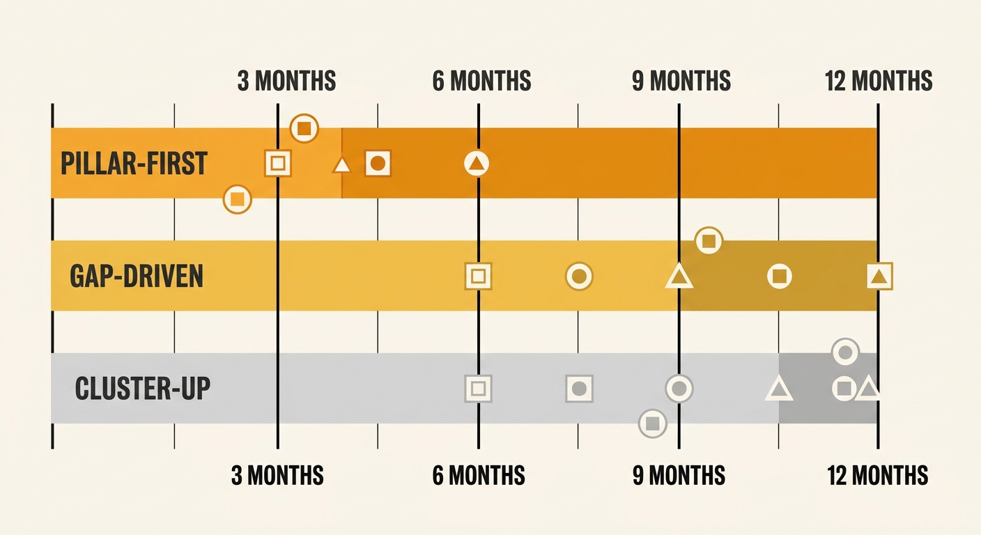 a timeline comparison showing three horizontal bars representing pillar-first, gap-driven, and cluster-up approaches, with milestones marked at 3, 6, 9, and 12 months showing when each approach typica
