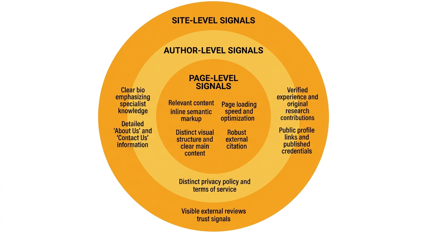 Visual diagram showing the Three-Layer E-E-A-T Audit framework as three concentric circles, with page-level signals in the inner circle, author-level signals in the middle circle, and site-level signa