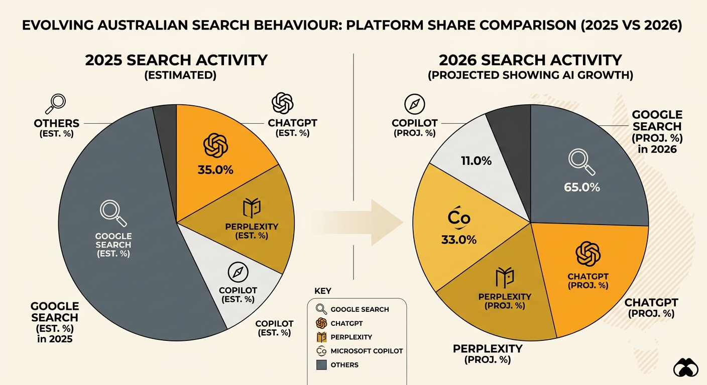 Pie chart showing the shift in Australian search behaviour across platforms including Google Search, ChatGPT, Perplexity, and Copilot, with 2025 versus 2026 comparison showing growing AI platform shar