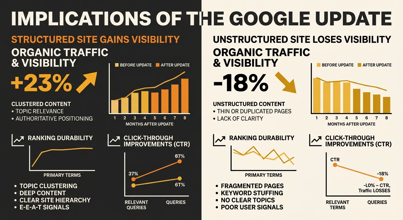 Infographic comparing two websites after Google's December 2025 update, showing a structured site gaining 23% organic visibility with clustered content versus an unstructured site losing 18%, with dat