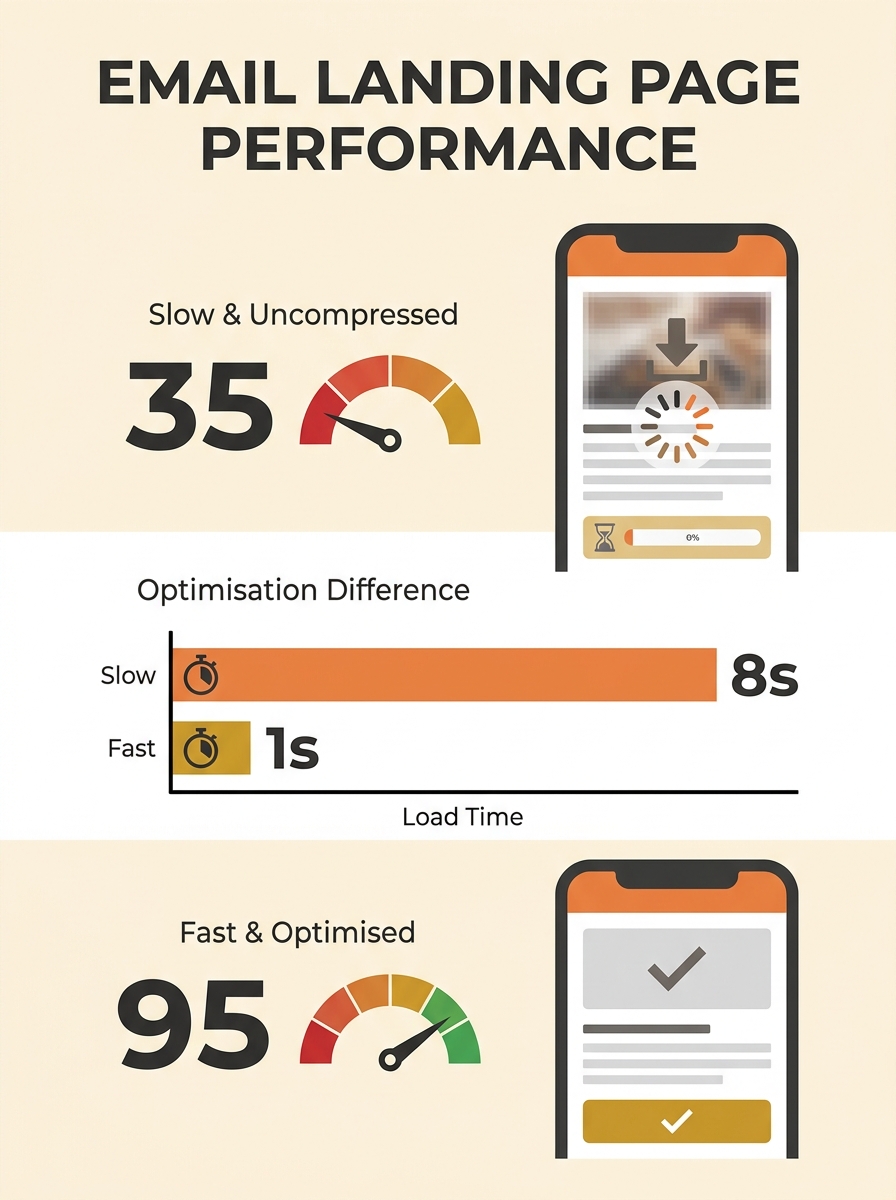 A side-by-side comparison showing a slow-loading email landing page with large uncompressed images versus a fast-loading optimised version, with page speed scores visible on each