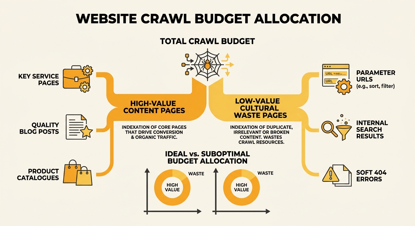 Diagram showing a website's crawl budget being divided between high-value content pages and low-value technical waste pages like parameter URLs, internal search results, and soft 404 errors