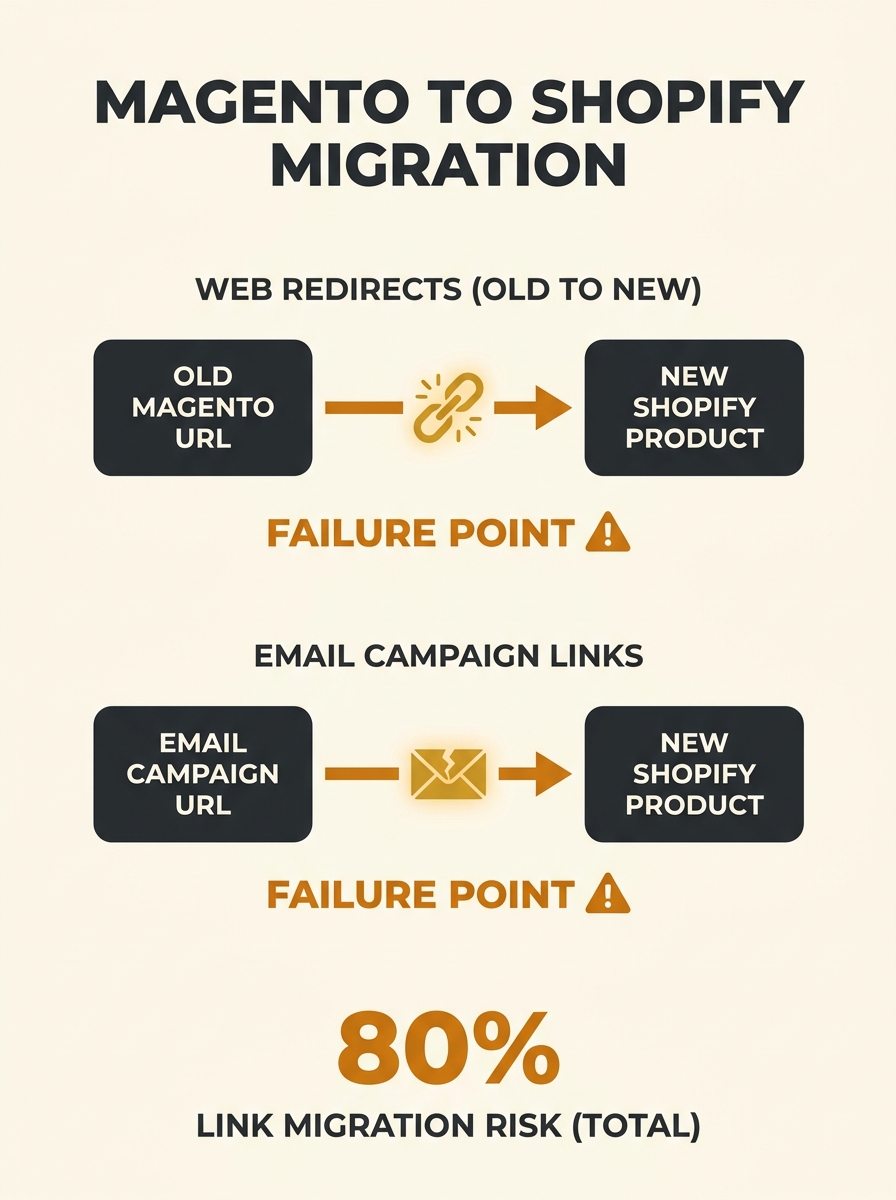 Infographic showing two parallel URL ecosystems during a Magento to Shopify migration — one showing web-based redirects between old and new product pages, and another showing email campaign links flow