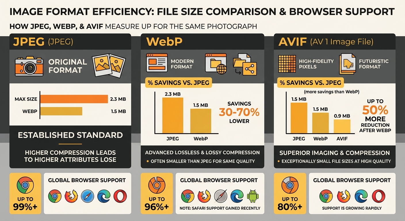 An infographic comparing JPEG, WebP and AVIF file sizes for the same photograph, showing percentage savings at each format tier, with browser support percentages listed below each format