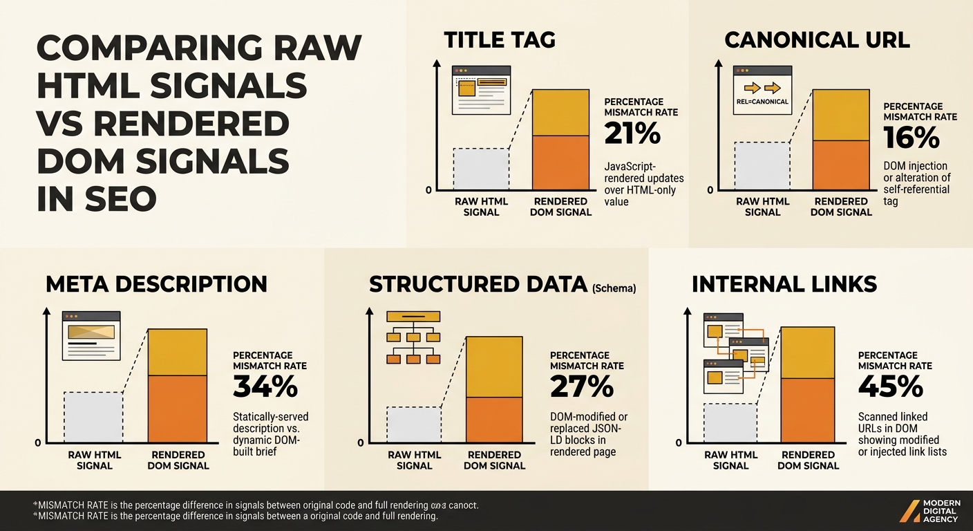 infographic comparing raw HTML signals versus rendered DOM signals across five SEO elements — title tag, canonical URL, meta description, structured data, and internal links — showing percentage misma
