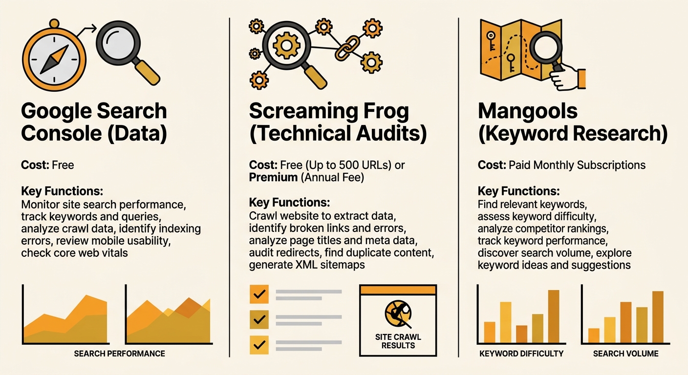 a simple three-column visual showing the modular SEO tool stack for Australian SMEs: Google Search Console for data, Screaming Frog for technical audits, and Mangools for keyword research, with costs 