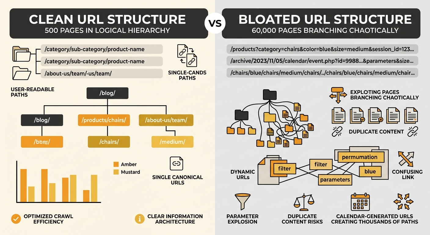 side-by-side comparison showing a clean URL structure with 500 pages in a logical hierarchy versus a bloated URL structure with 60,000 pages showing duplicate paths, filter parameters, and calendar-ge
