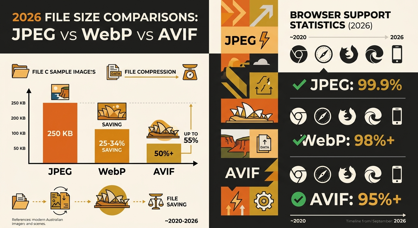 An infographic showing file size comparisons between JPEG, WebP, and AVIF formats for the same image, with percentage savings and browser support statistics for each format in 2026
