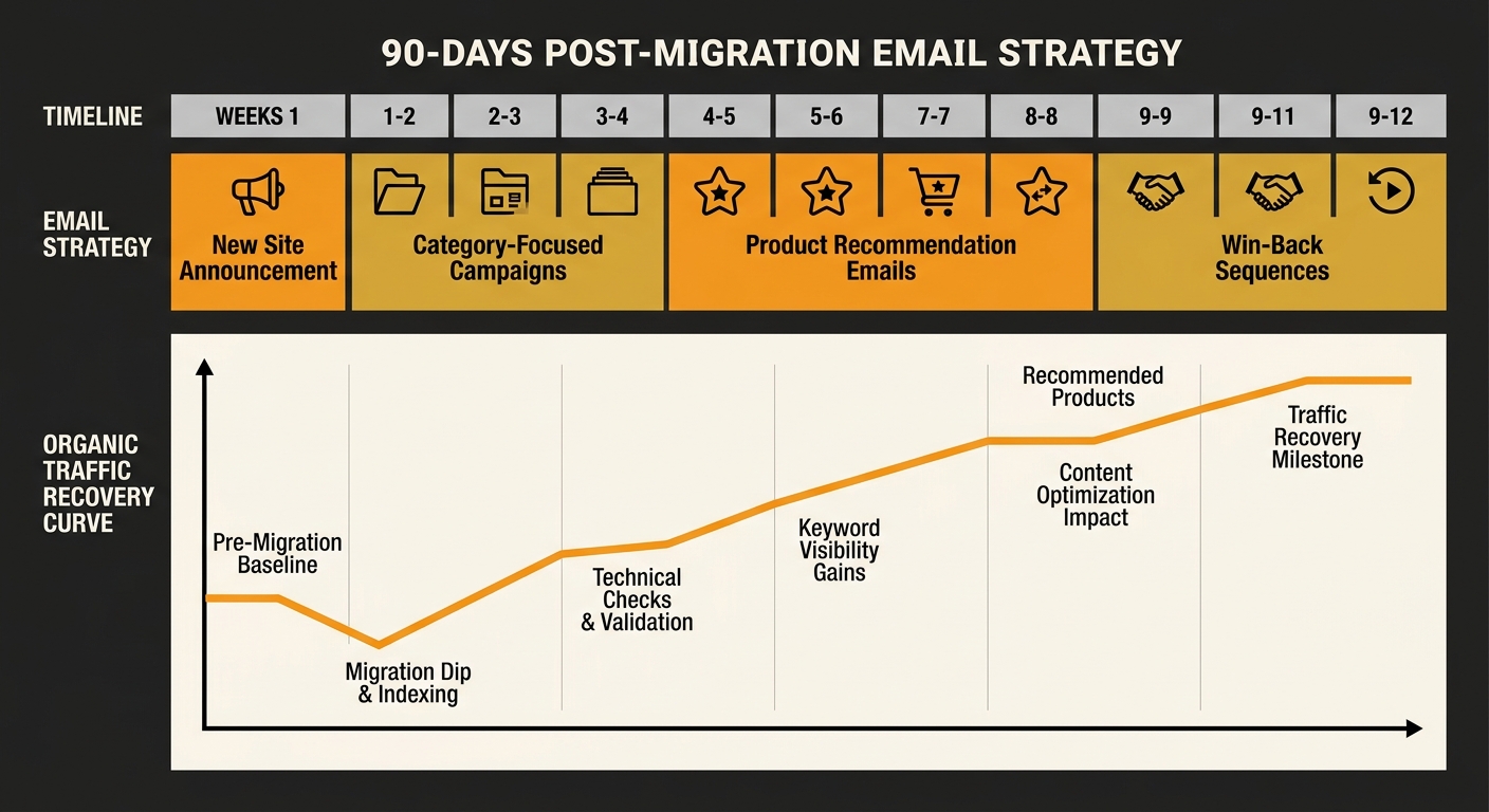 Timeline graphic showing a 90-day post-migration email strategy alongside SEO recovery milestones — week 1 new site announcement, weeks 2-4 category-focused campaigns, weeks 5-8 product recommendation