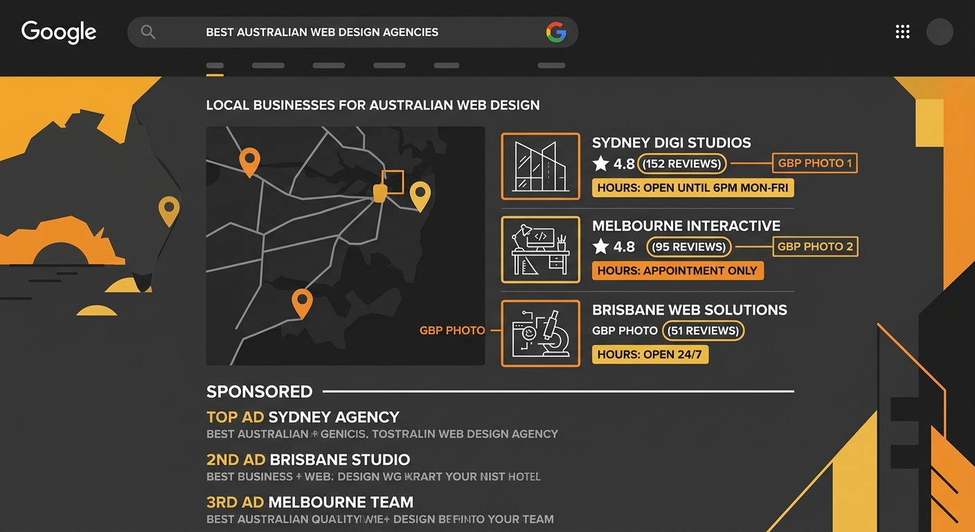 screenshot-style illustration showing a Google search results page with the local map pack displayed above paid text ads, with annotations highlighting where GBP photos, review counts, and business ho