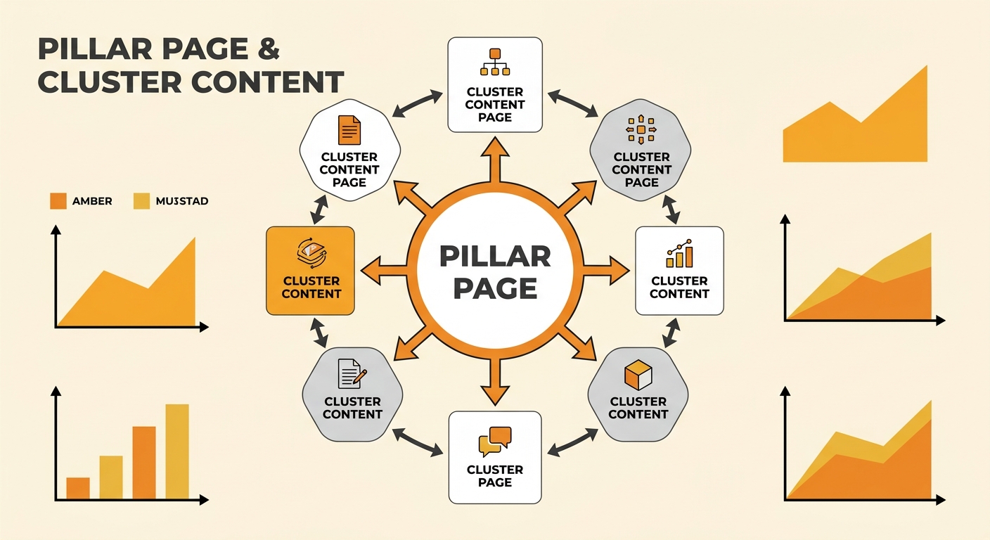 diagram showing a pillar page at the centre with six cluster content pages branching out from it, connected by arrows indicating internal link flow between pillar and clusters