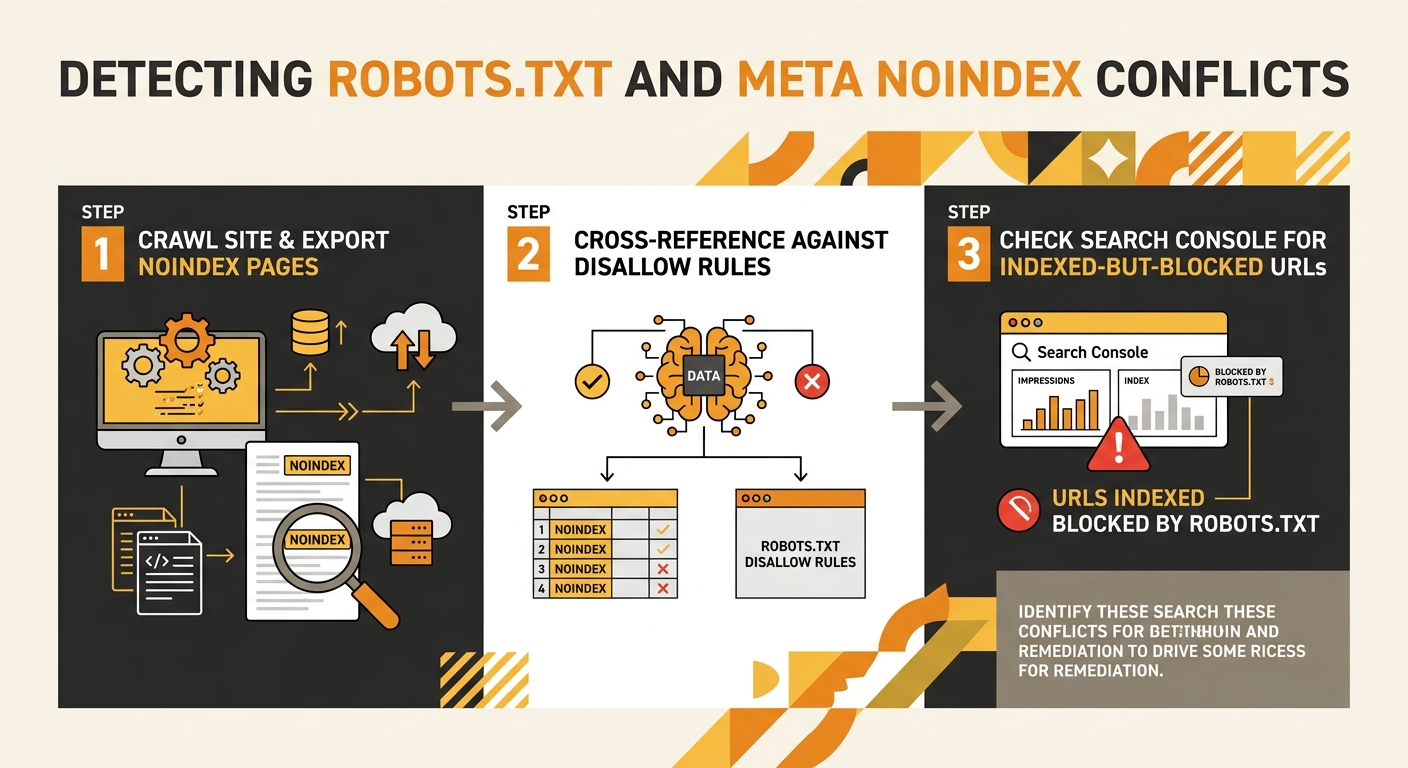 infographic showing a three-step flowchart for detecting robots.txt and meta noindex conflicts - step one crawls the site and exports noindex pages, step two cross-references against disallow rules, s