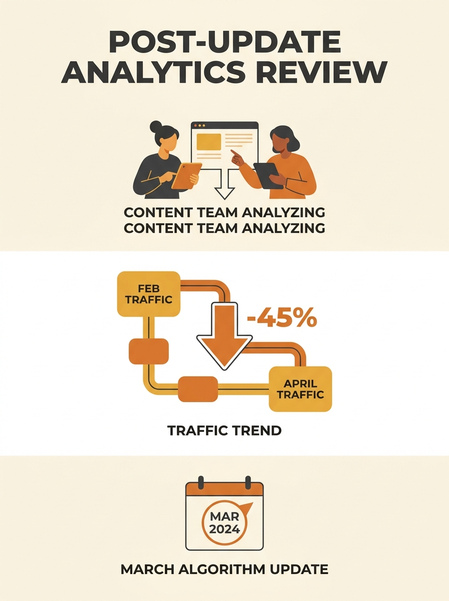 Content team reviewing analytics dashboard showing traffic decline after March 2024 algorithm update