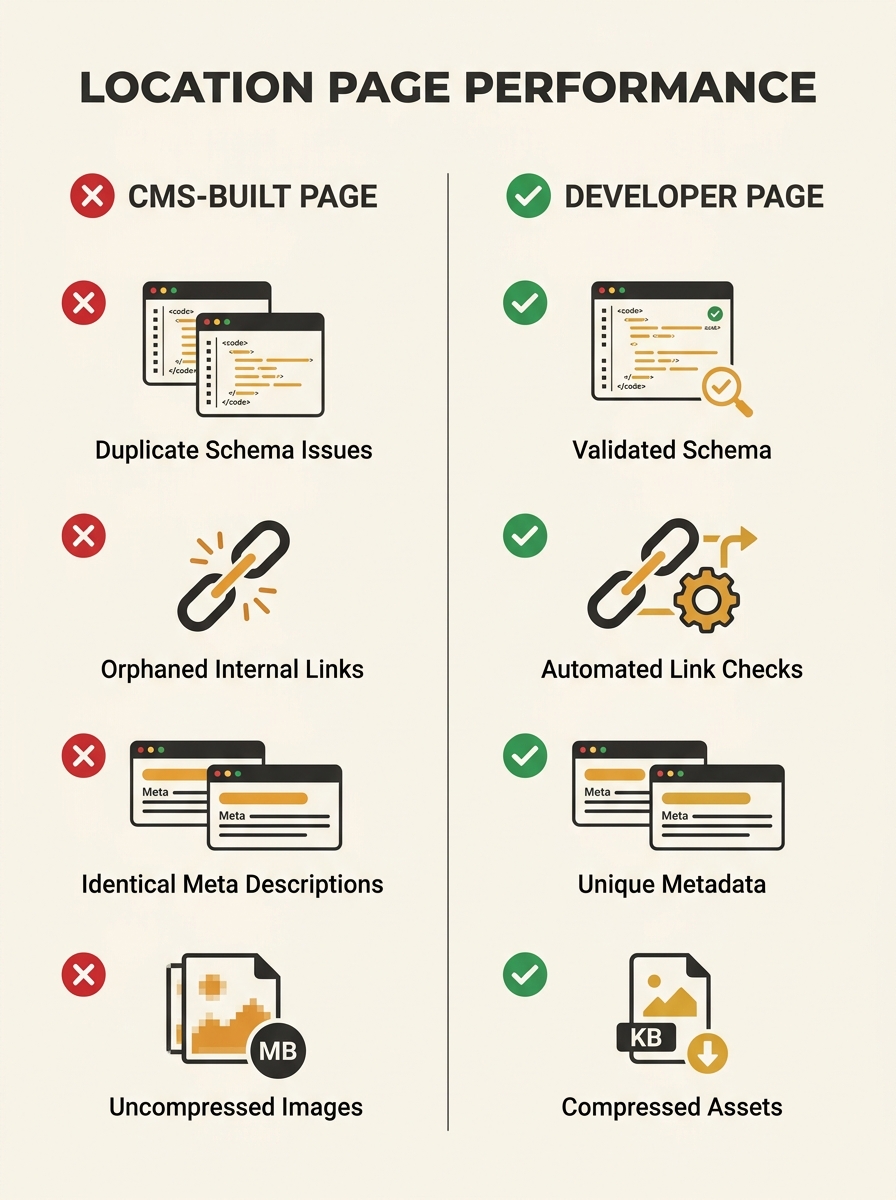 Infographic showing a split comparison with a CMS-built location page on the left marked with red X icons next to issues like duplicate schema, orphaned internal links, identical meta descriptions, an