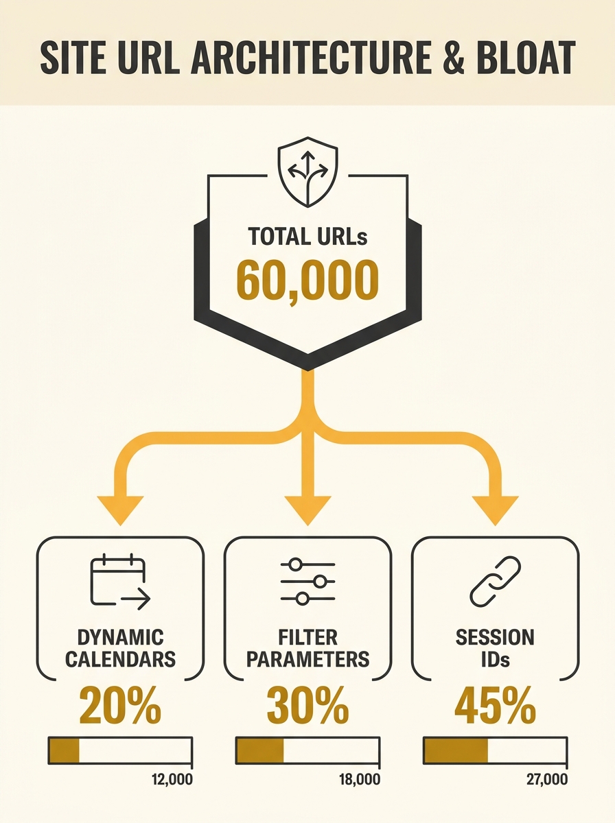 infographic showing a site architecture diagram with 60,000 URLs branching from one domain, highlighting the three main sources of URL bloat: dynamic calendars, filter parameters, and session IDs, wit