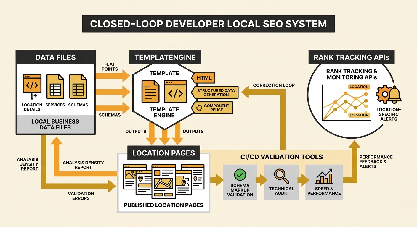 A flowchart showing a closed-loop developer local SEO system with four connected stages: data files feeding a template engine, outputting location pages validated by CI/CD tools, monitored by rank tra
