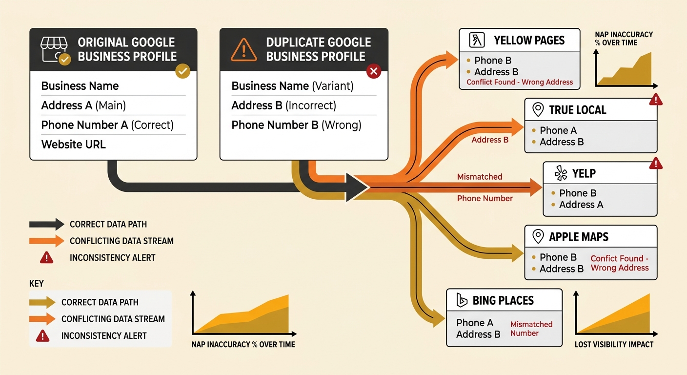 Diagram showing how a single duplicate Google Business Profile cascades into inconsistent NAP data across multiple directories — Yellow Pages, True Local, Yelp, Apple Maps, Bing Places — with conflict