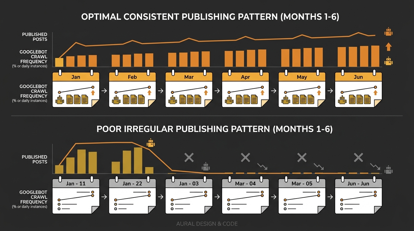 A calendar-style visual showing optimal vs poor publishing patterns over 6 months, with Googlebot crawl frequency indicators overlaid on each month showing correlation between consistent posting and h