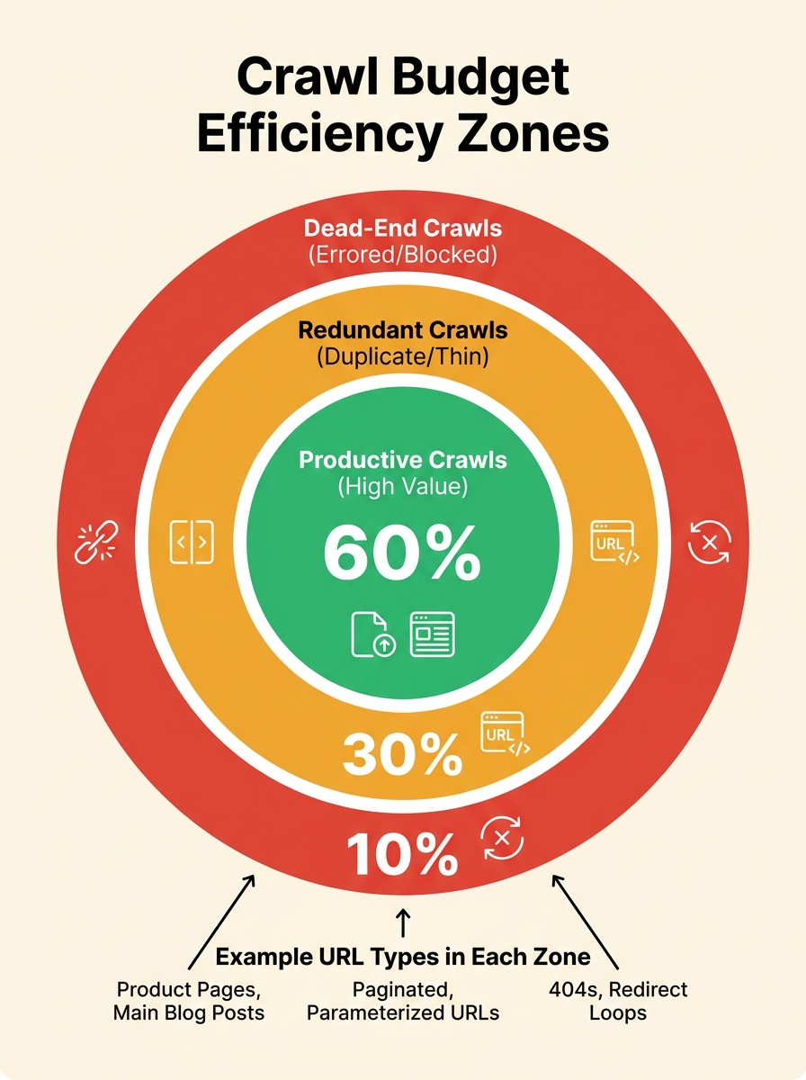An infographic showing three concentric zones of crawl budget efficiency — productive crawls in the centre (green), redundant crawls in the middle ring (amber), and dead-end crawls in the outer ring (
