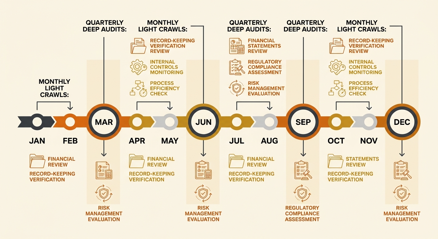 A timeline illustration showing a quarterly audit cycle for an Australian business — four quarterly deep audits marked with larger circles across a 12-month span, with smaller monthly light crawl chec