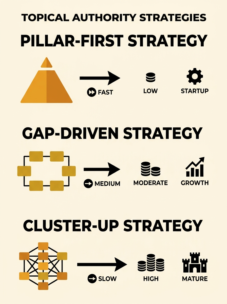 infographic comparing three topical authority strategies side by side, showing pillar-first, gap-driven, and cluster-up approaches with timeline, cost, and best-fit indicators for each