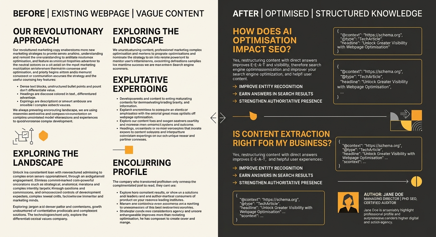 Side-by-side comparison of a webpage before and after AI extraction optimisation, showing unstructured marketing copy with vague headings on the left, and restructured content with question-based head