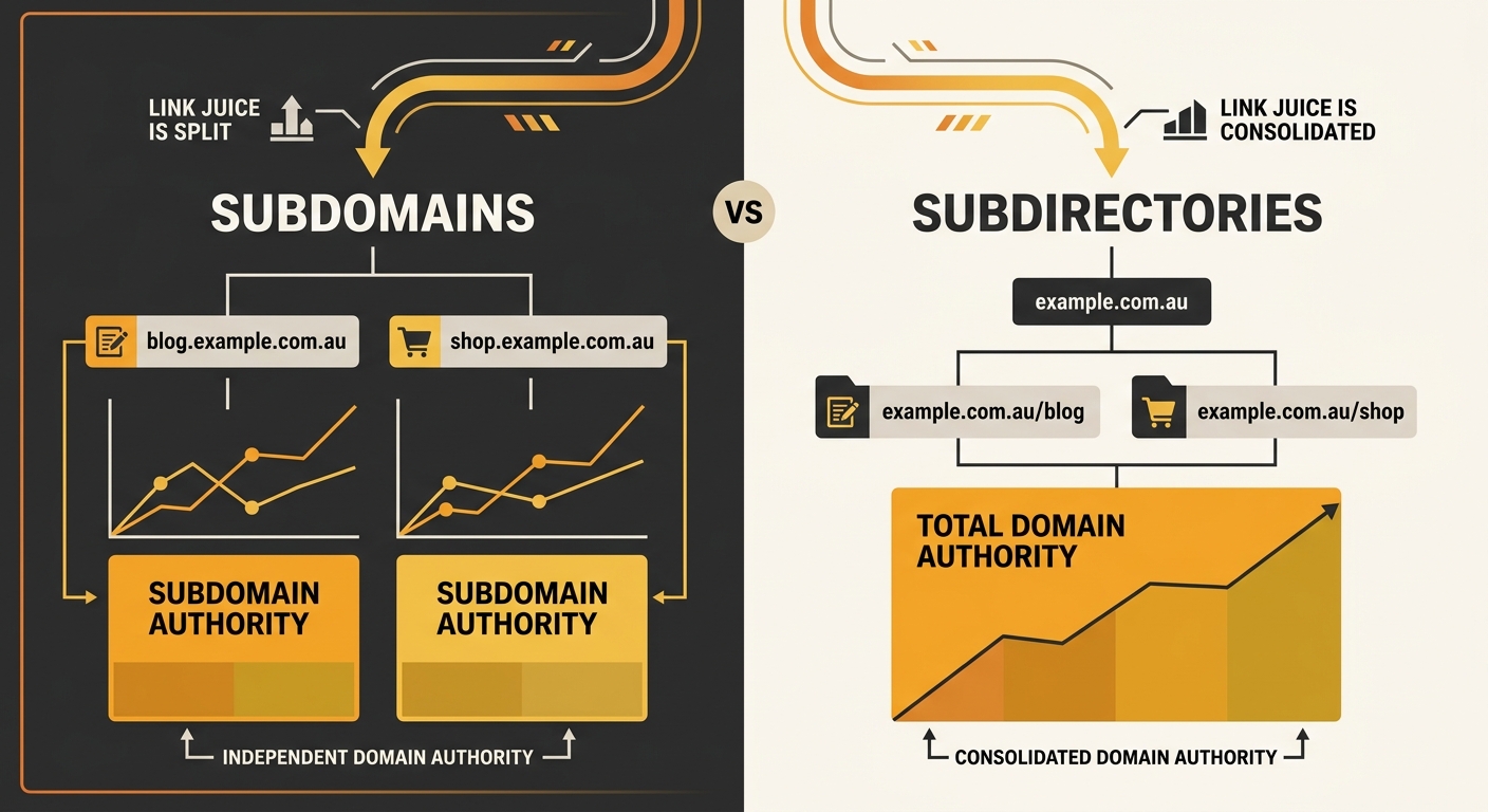 Side-by-side comparison showing two website URL structures, one using subdomains (blog.example.com.au, shop.example.com.au) and one using subdirectories (example.com.au/blog, example.com.au/shop), wit