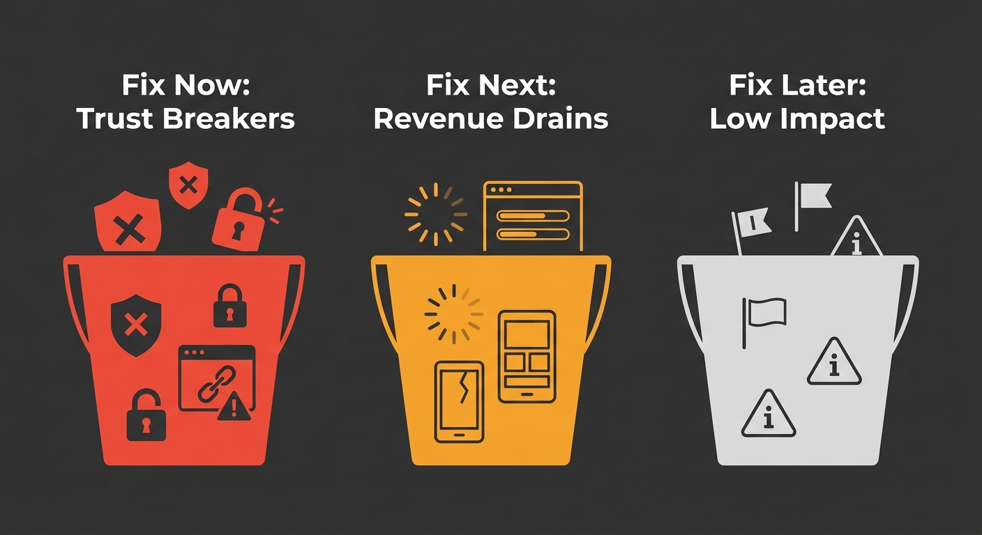A visual diagram showing three labeled buckets arranged left to right — Bucket 1 (red, labeled "Fix Now: Trust Breakers") with icons of security warnings and error pages, Bucket 2 (amber, labeled "Fix
