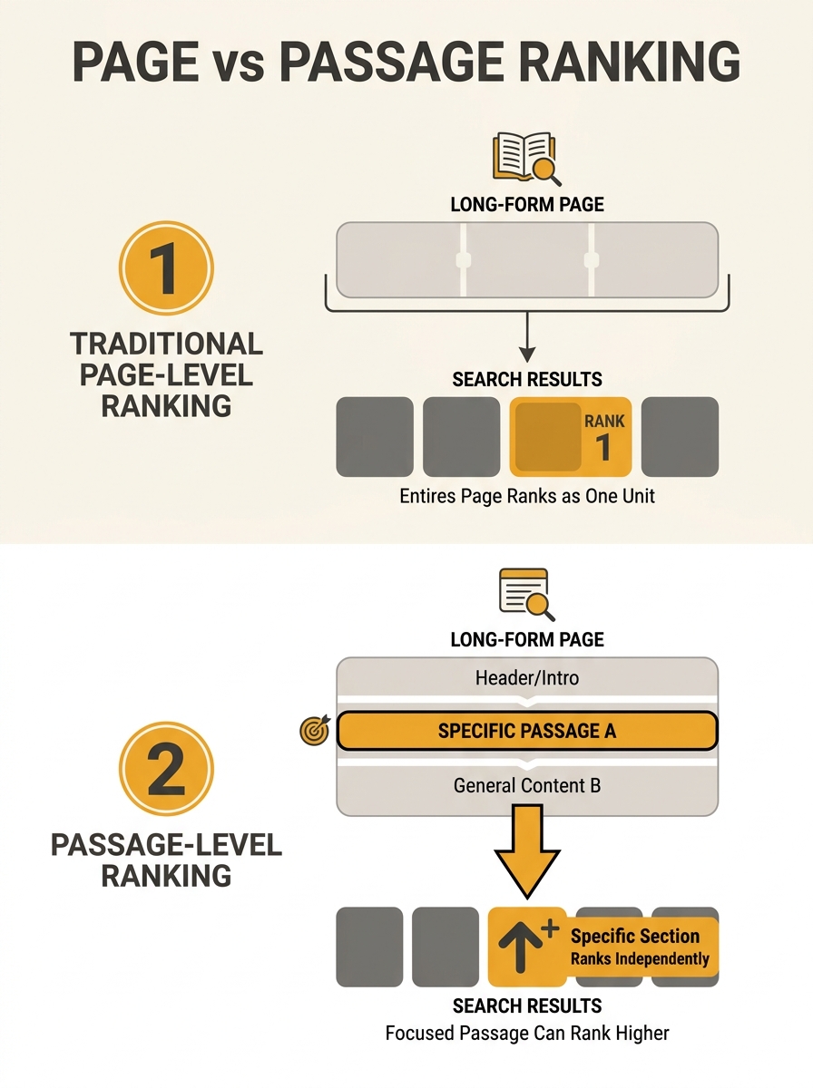 Diagram showing the difference between traditional page-level ranking and passage-level ranking, with a long-form page split into labelled sections where one highlighted section ranks independently fo