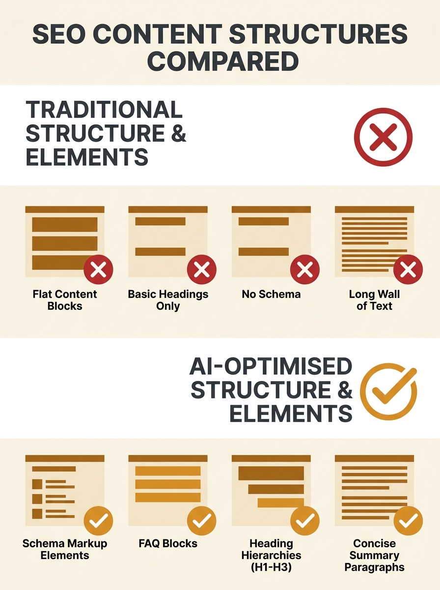 Infographic comparing traditional SEO content structure versus AI-optimised content structure, showing schema markup elements, FAQ blocks, heading hierarchies, and concise summary paragraphs side by s