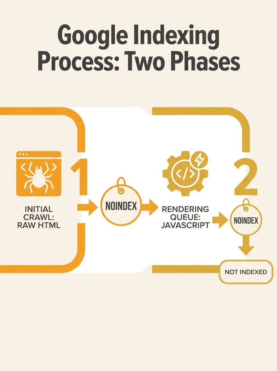 diagram showing Google's two-phase process — initial crawl fetching raw HTML on the left, then a separate rendering queue executing JavaScript on the right, with a noindex tag present at both stages