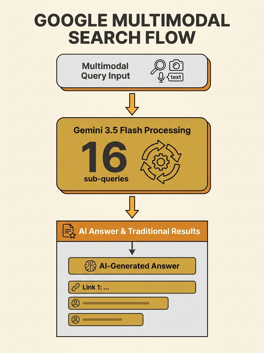 diagram showing Google's new search flow from multimodal query input through Gemini 3.5 Flash processing with 16 sub-queries to AI-generated answer displayed above traditional search results