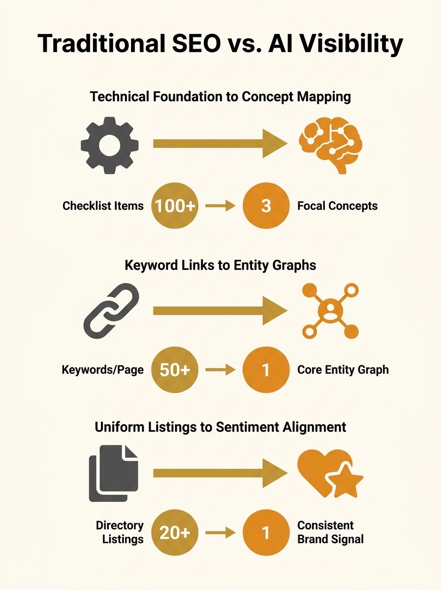 infographic showing a side-by-side comparison of traditional SEO audit checklist items versus AI visibility audit requirements, with five categories like crawlability, schema, entity recognition, thir