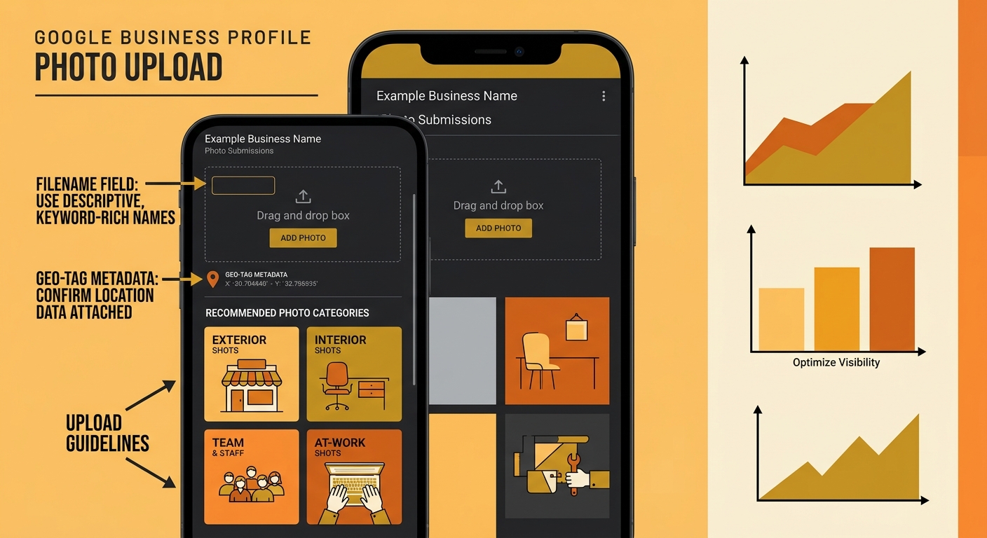 a smartphone screen showing the Google Business Profile photo upload interface with annotations pointing to the filename field, geo-tag metadata, and the recommended photo categories including exterio