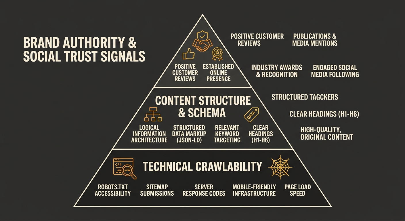 a layered pyramid diagram showing three layers of AI visibility, with technical crawlability at the base, content structure and schema in the middle, and brand authority and social trust signals at th