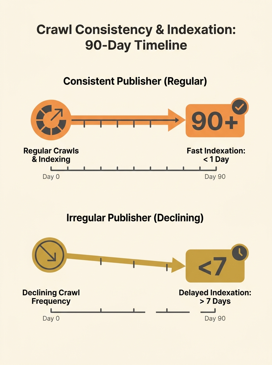Infographic showing two timelines comparing a consistent publisher (regular Googlebot visits, fast indexation) versus an irregular publisher (declining Googlebot visits, delayed indexation) over a 90-