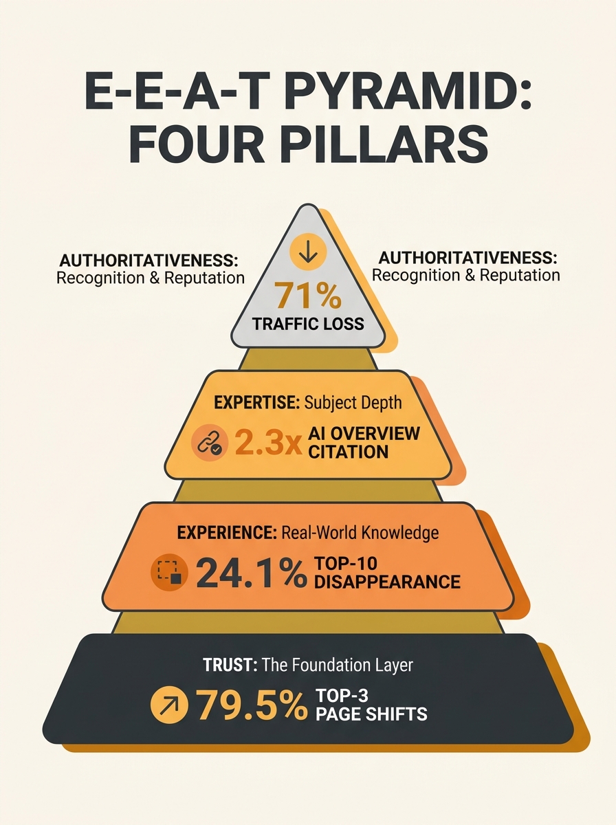Infographic showing the four pillars of E-E-A-T arranged as a pyramid with Trust as the foundation layer, Experience and Expertise as middle layers, and Authoritativeness at the top, with key statisti