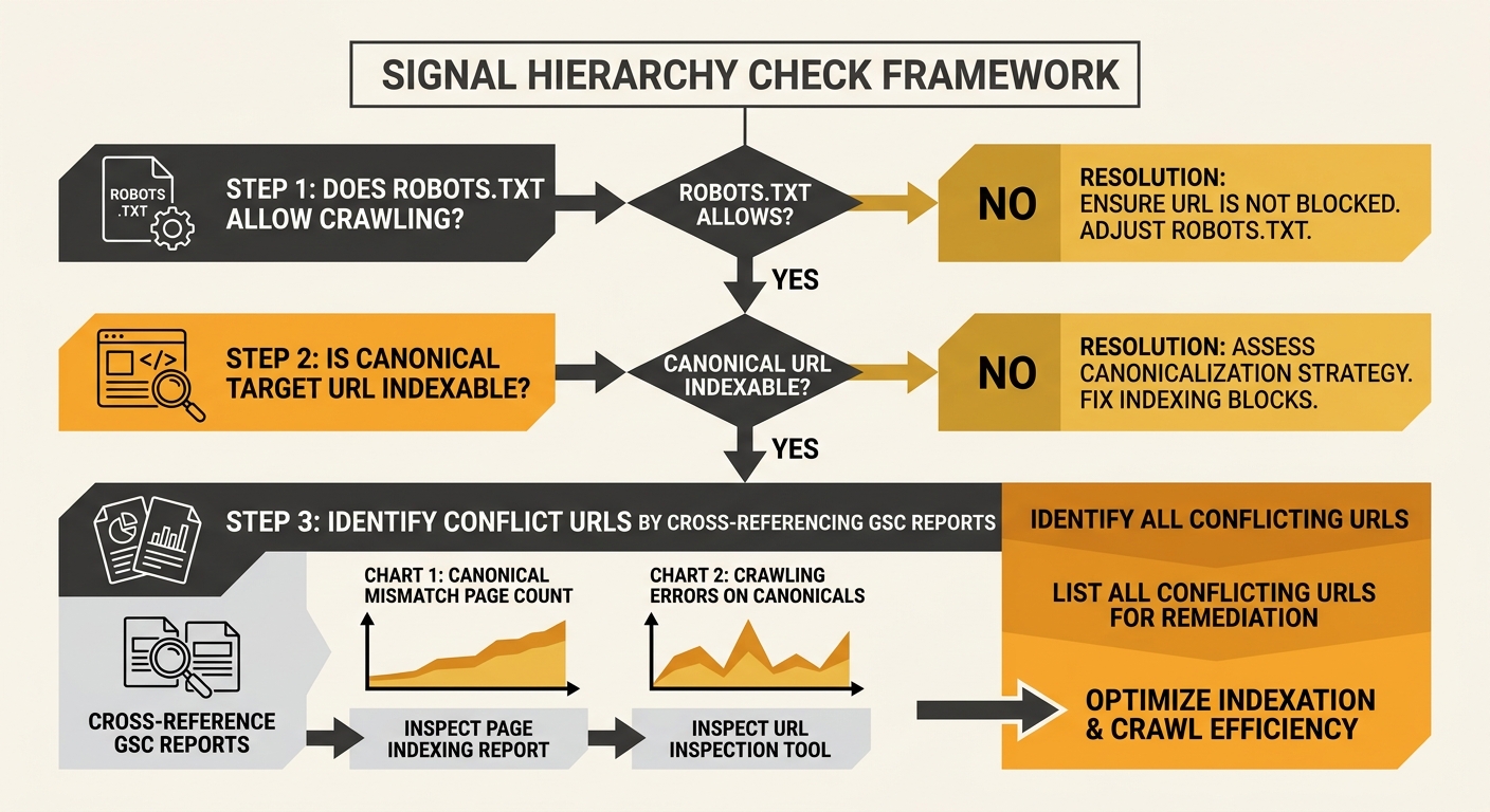A flowchart showing the Signal Hierarchy Check framework with three sequential steps: Step 1 asks whether robots.txt allows crawling with yes and no branches, Step 2 checks whether the canonical targe